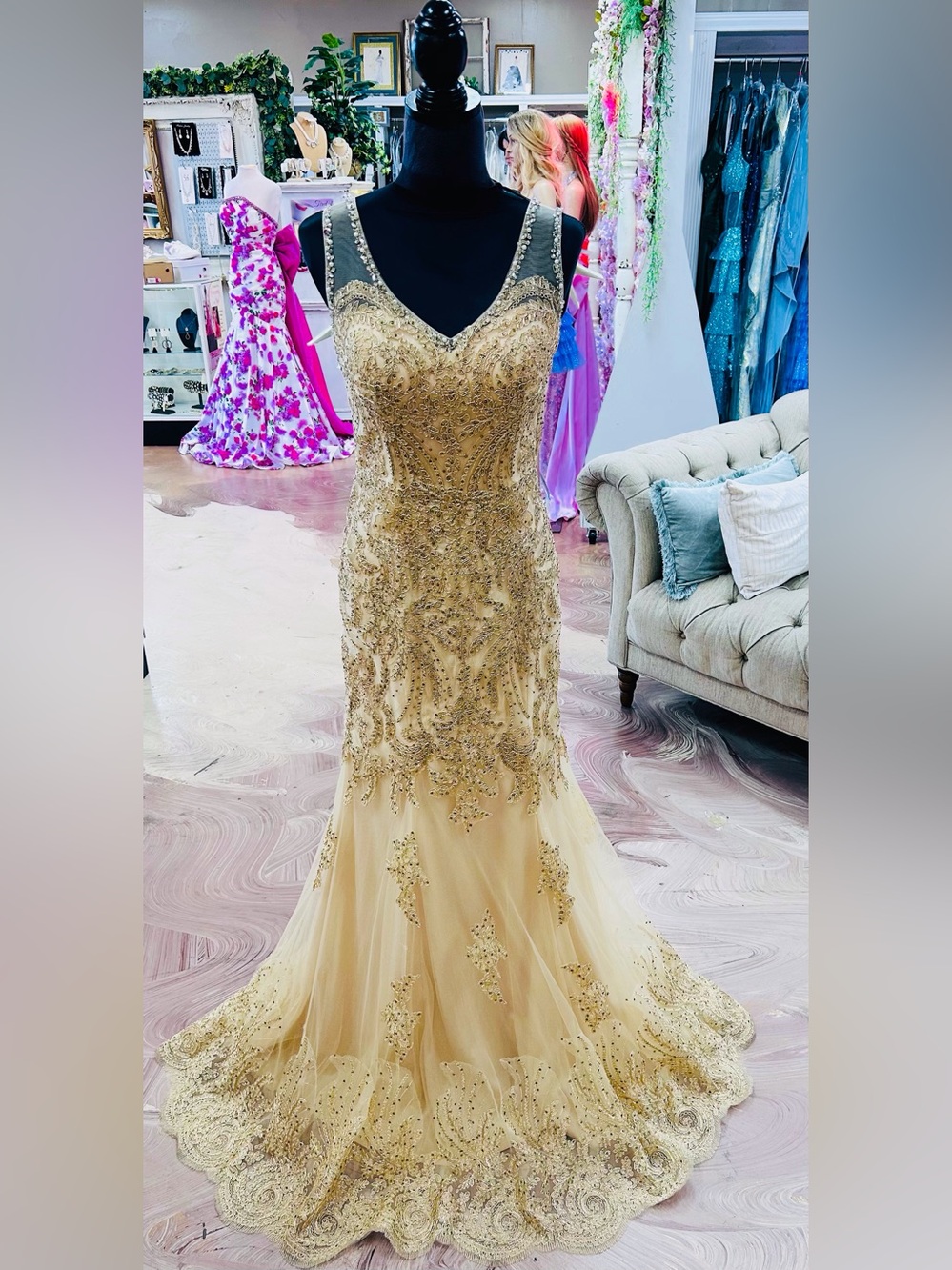 Elegant Gold Beaded V-Neck Prom Gown